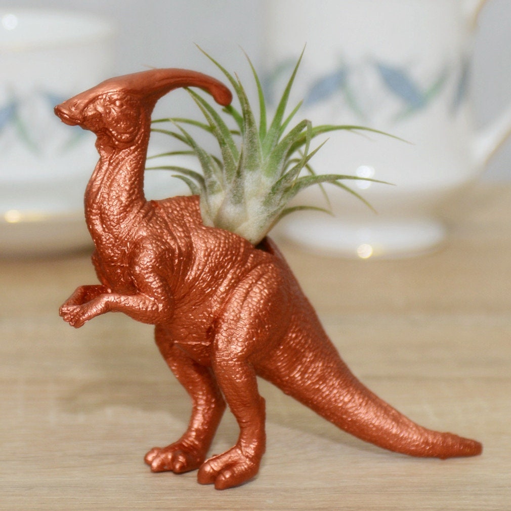 Hand Painted Copper Duckbill Dinosaur Plant Holder With An Air Plant