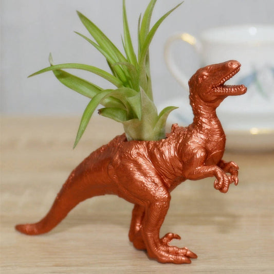 Hand Painted Copper Utahraptor Dinosaur Plant Holder With An Air Plant