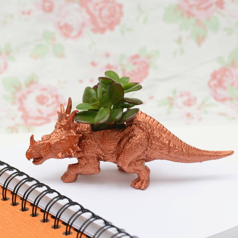 Hand Painted Copper Styracosaurus Dinosaur Plant Holder With An Air Plant
