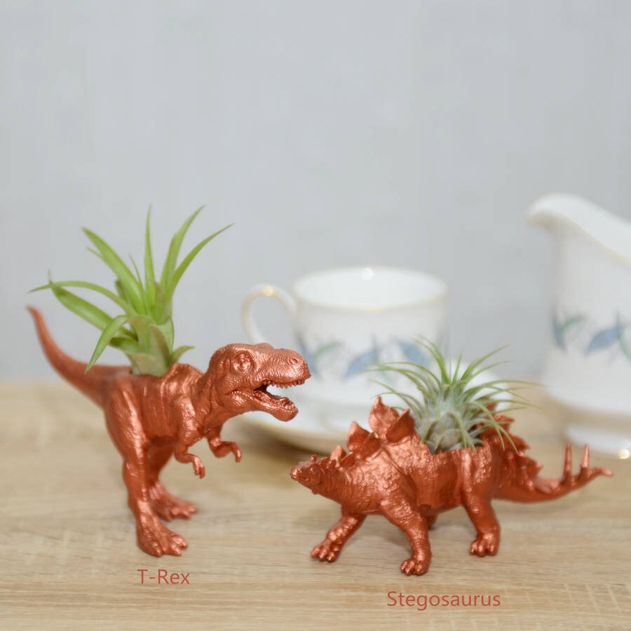Hand Painted Copper T-rex or Stegosaurus Dinosaur Plant Holder With An Air Plant