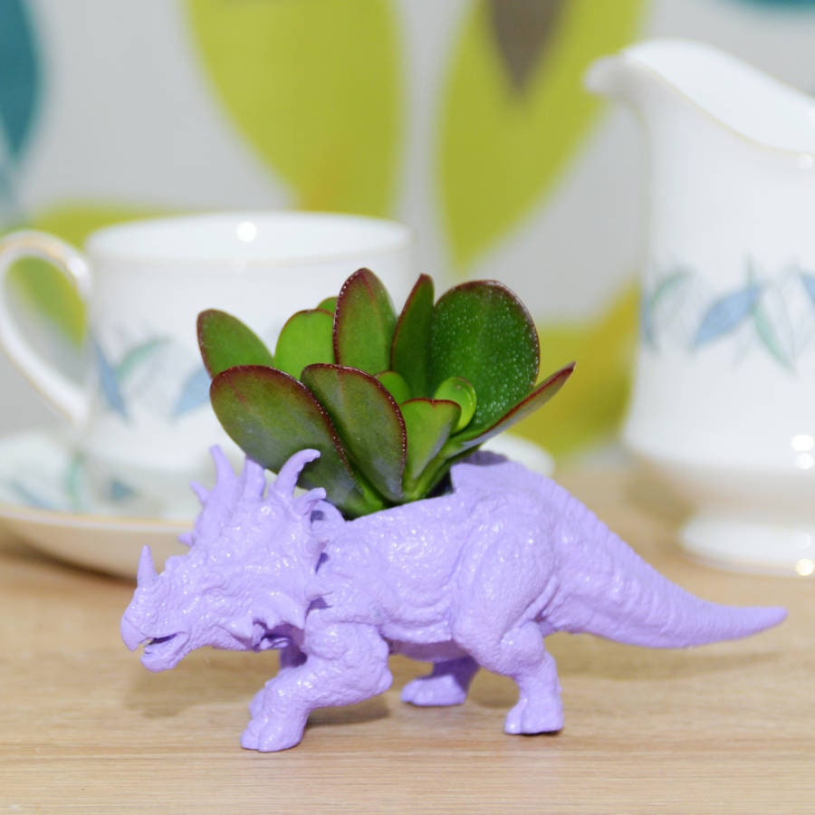 Hand Painted Pastel Purple Styracosaurus Dinosaur Plant Holder With A Money Plant