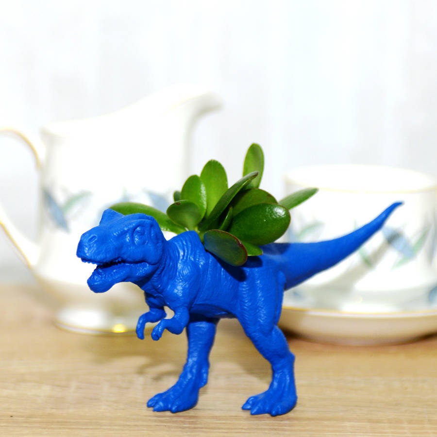 Hand Painted T-rex Dinosaur Plant Holder With A Plant
