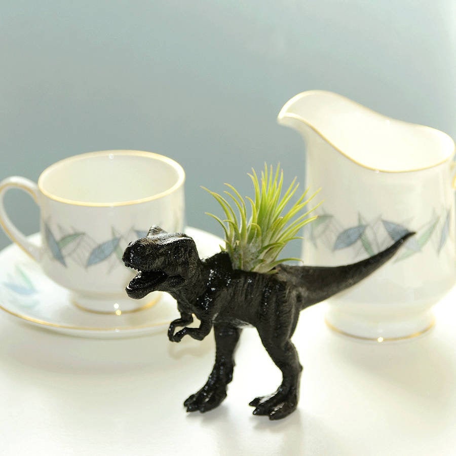 Hand Painted T-rex Dinosaur Plant Holder With A Plant