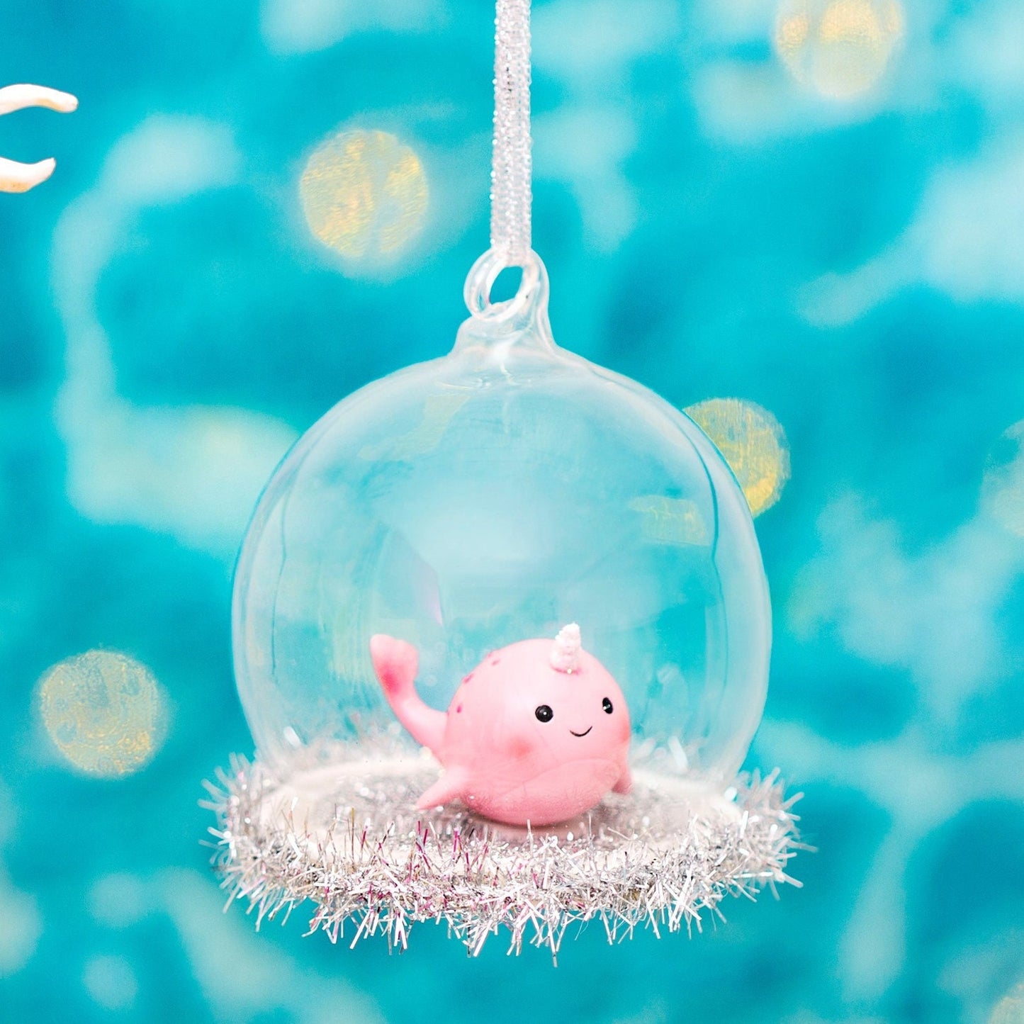 Pink Narwhal Dome Christmas Bauble Tree Decoration