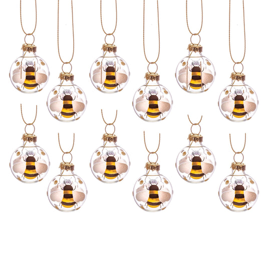 Set Of 12 Mini Bumble Bee Glass Baubles Christmas Tree Decoration