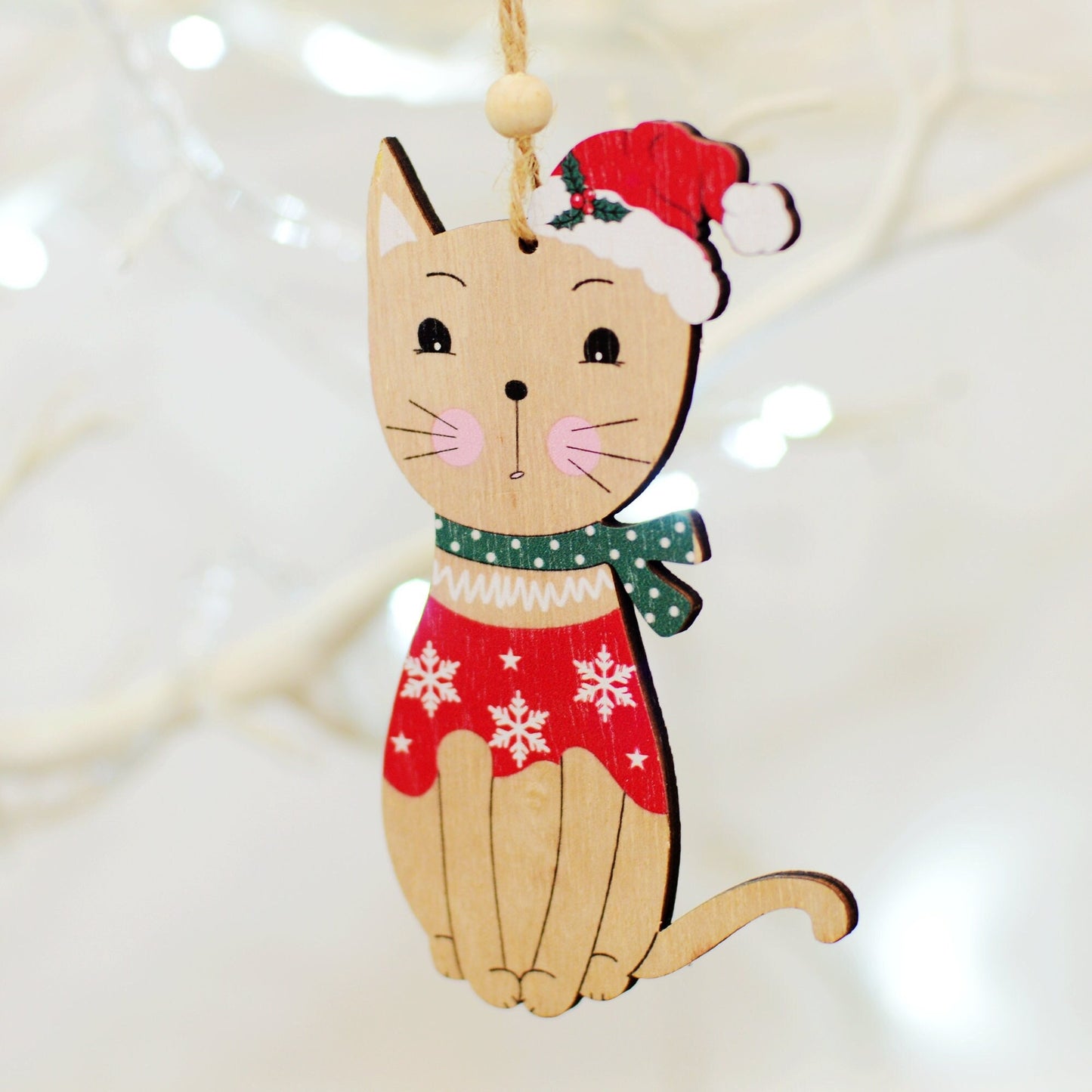 Wooden Hanging Cat Christmas Tree Decoration