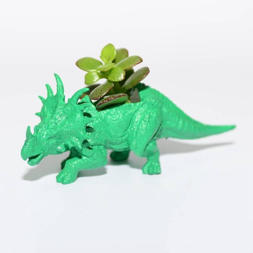 Hand Painted Green Styracosaurus Dinosaur Plant Holder With A Money Plant